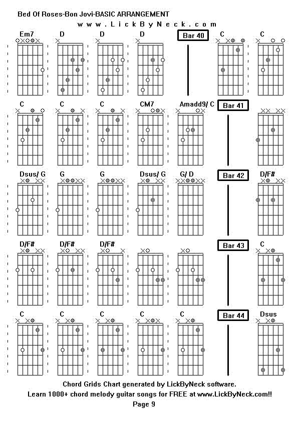 Chord Grids Chart of chord melody fingerstyle guitar song-Bed Of Roses-Bon Jovi-BASIC ARRANGEMENT,generated by LickByNeck software.